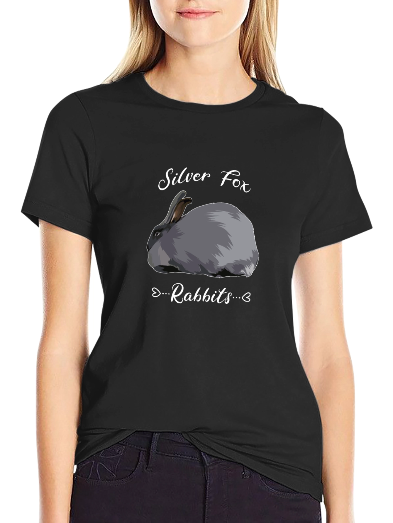 Black Silver Fox Rabbits Graphic T-Shirt - Black view 2