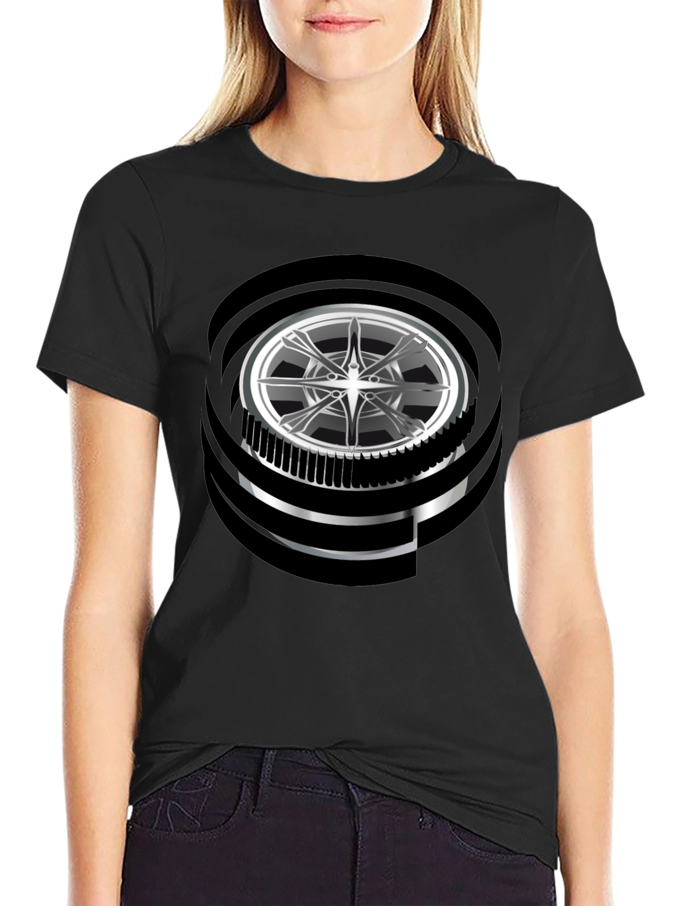 Black Modern Graphic Wheel Design Black T-Shirt view 2