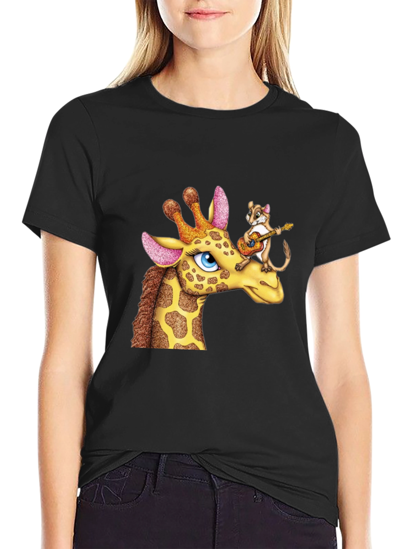 Black Giraffe & Squirrel Cartoon Graphic Black T-Shirt view 2