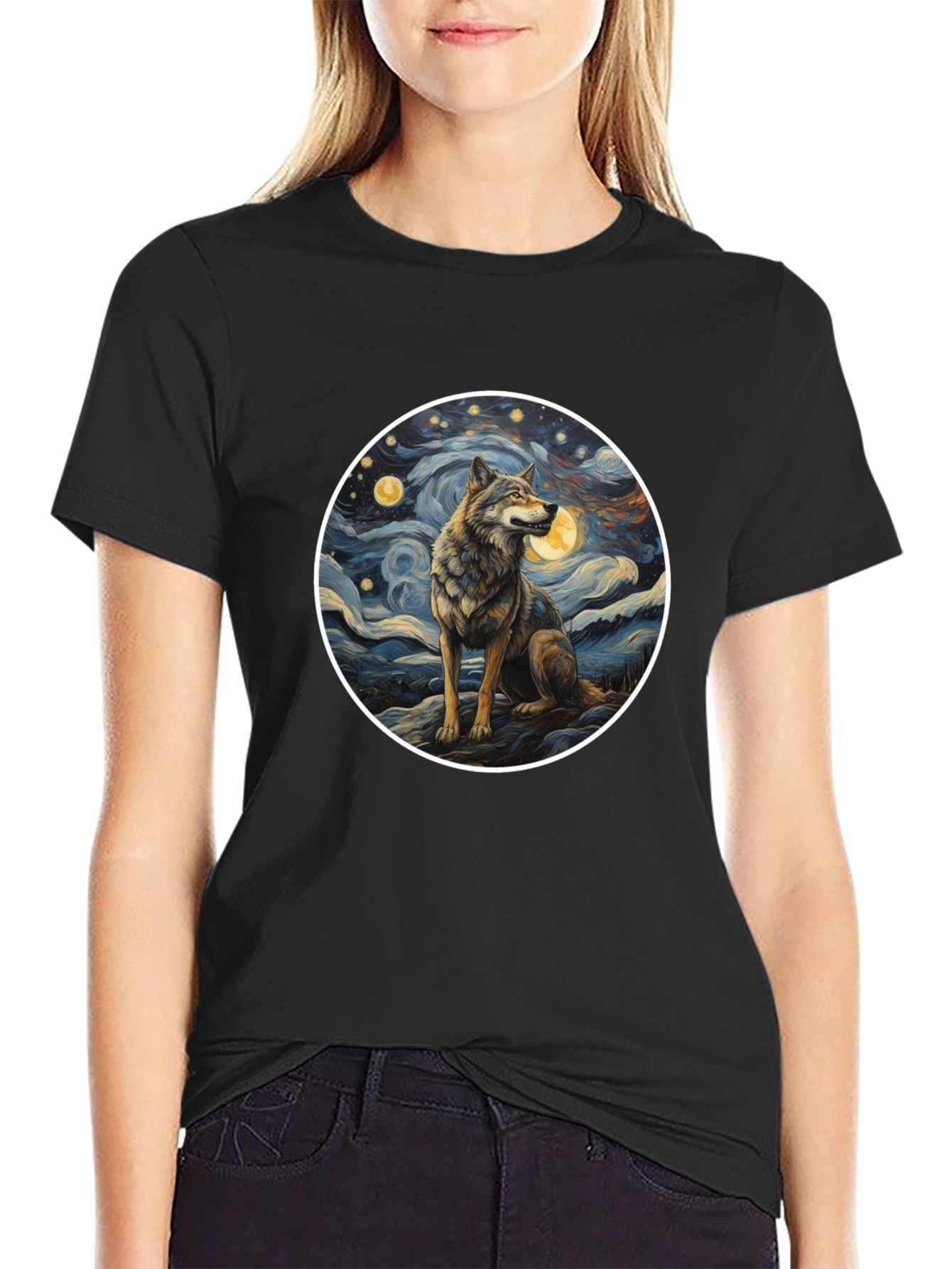 Black Wolf in Starry Night Men's T-Shirt view 2