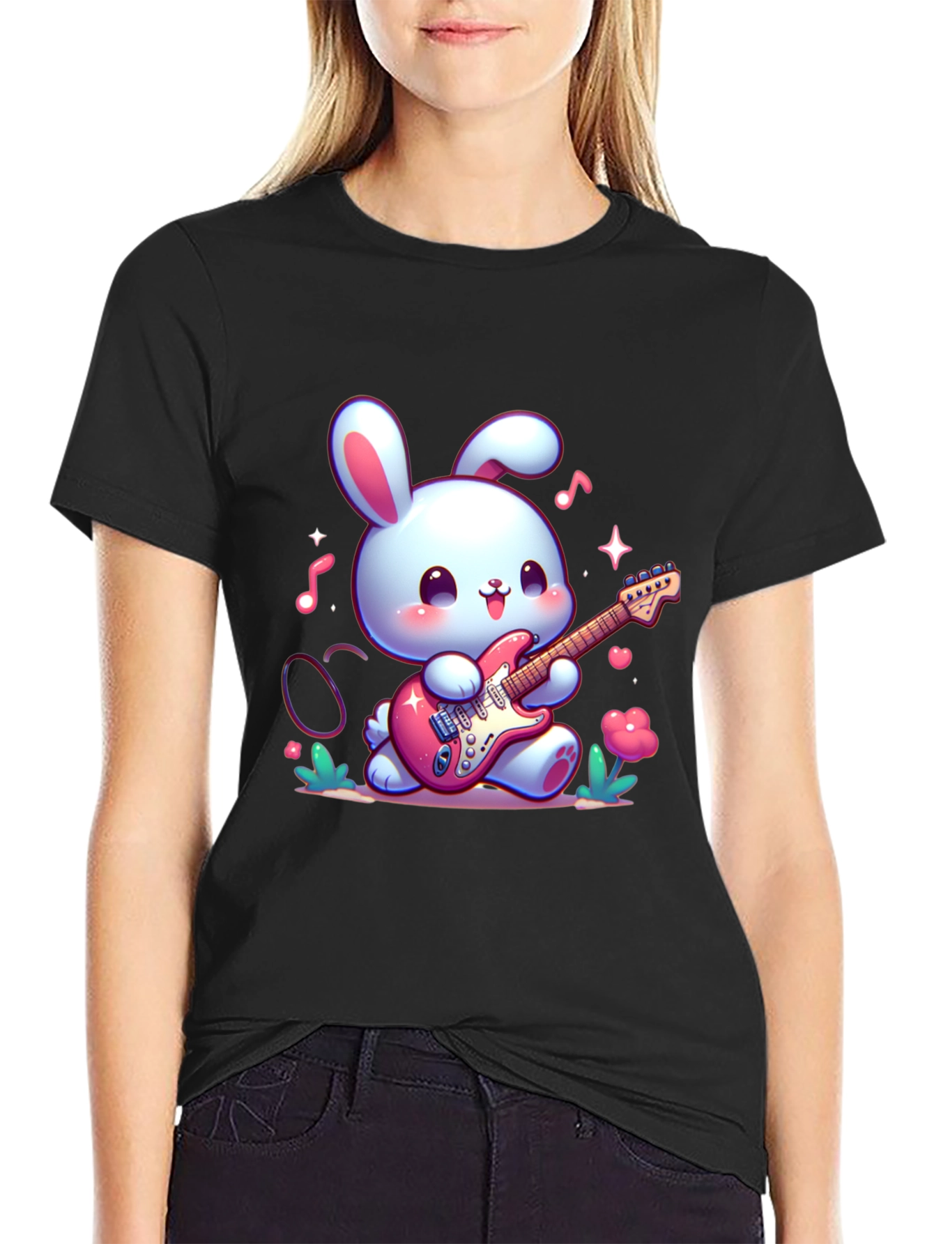 Black Cute Bunny Guitarist Black T-Shirt view 2