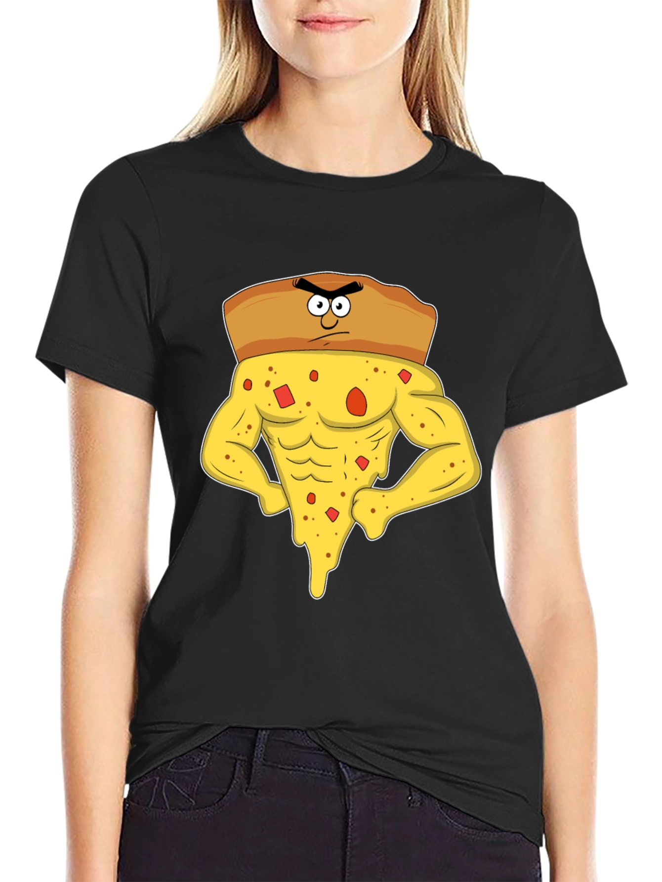 Black Funny Muscular Pizza Slice Graphic T-Shirt view 2