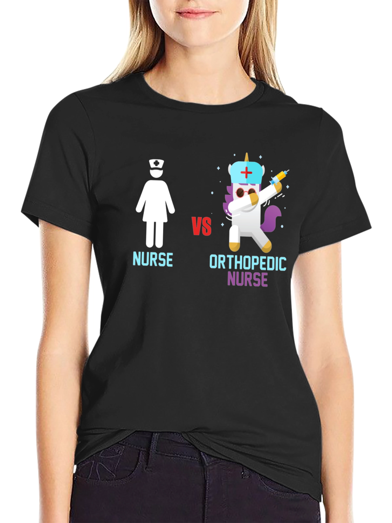 Black Nurse vs Orthopedic Nurse T-Shirt - Black Cotton Tee view 2