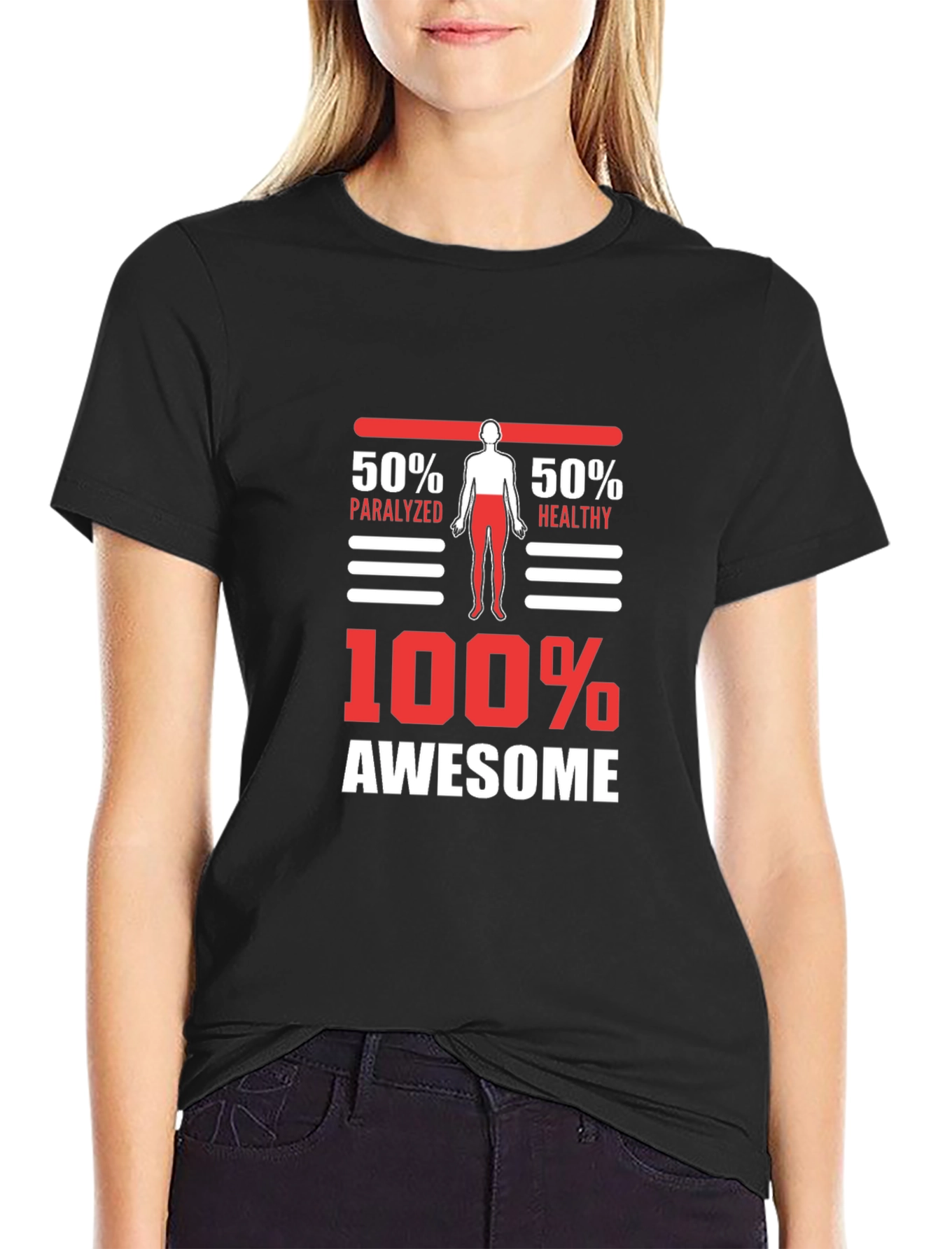 Black 100% Awesome Graphic Tee - Funny Paralyzed Healthy T-Shirt view 2
