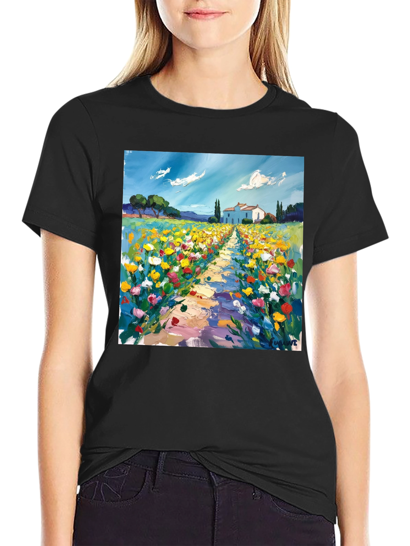 Black Artistic Landscape Print T-Shirt view 2