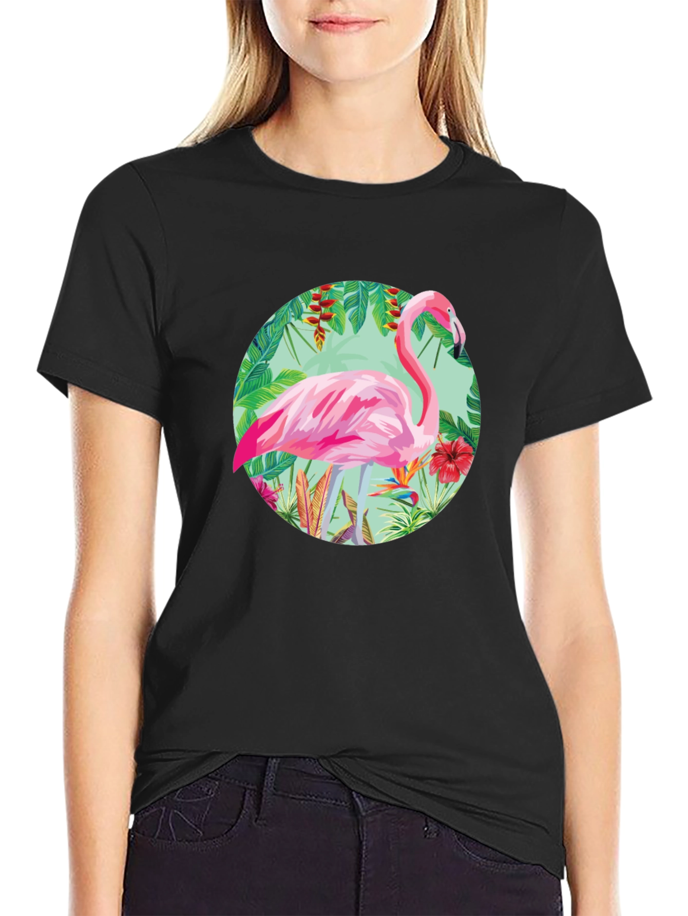 Black Tropical Flamingo Graphic Tee - Stylish Men's T-Shirt view 2