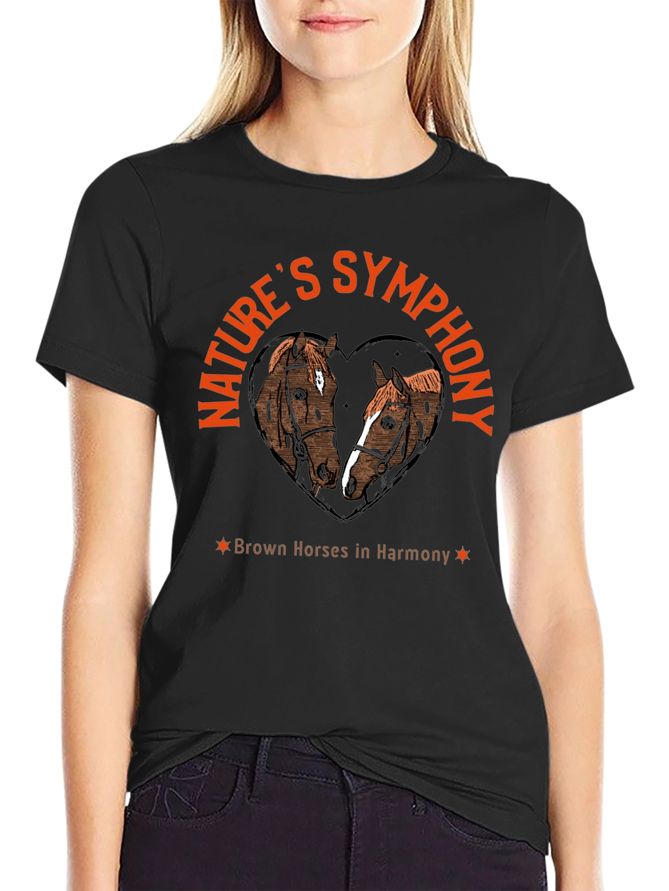 Black Nature's Symphony Brown Horses in Harmony T-Shirt view 2