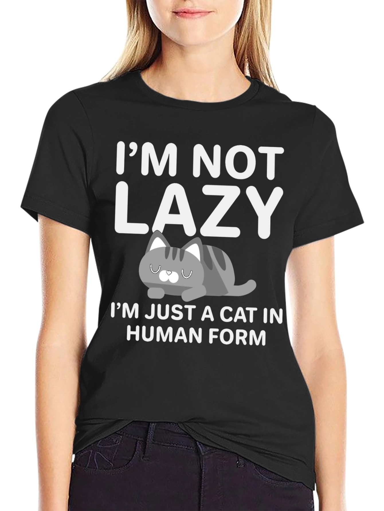 Black Funny Cat T-Shirt: I'm Not Lazy, Cat in Human Form view 2