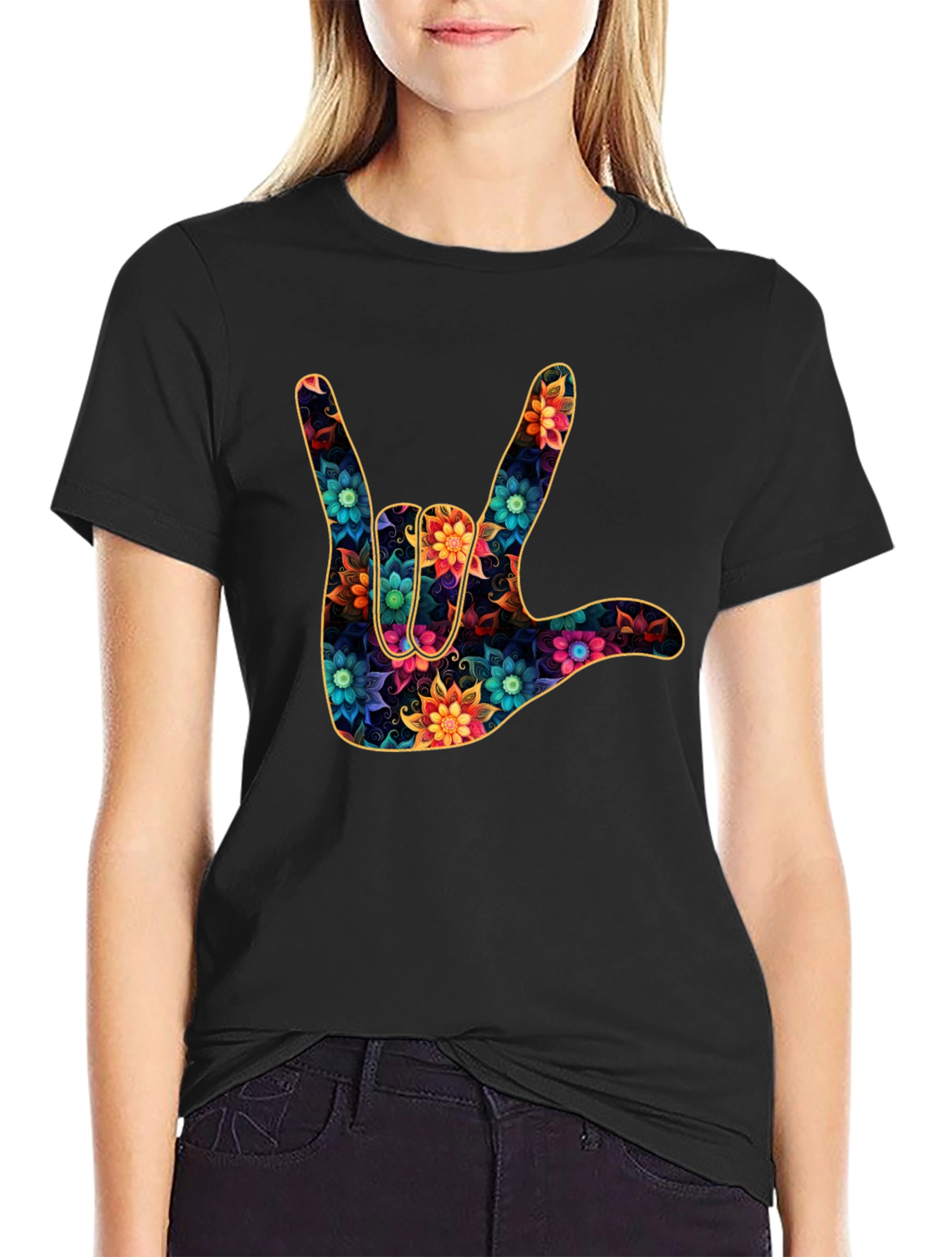 Black Floral "I Love You" Hand Sign Black T-Shirt view 2