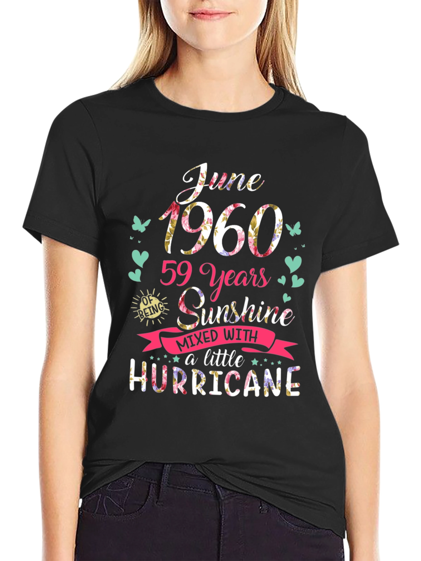 Black June 1960 Birthday T-Shirt - Sunshine & Hurricane view 2