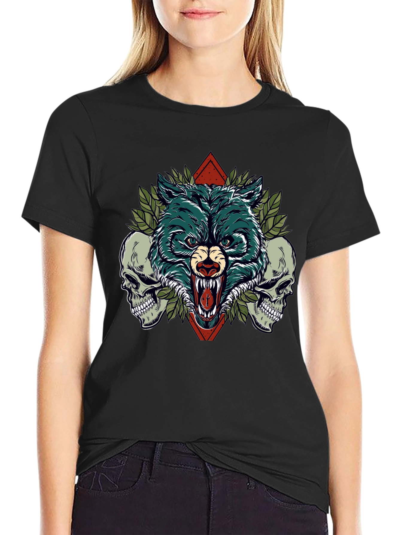 Black Wolf and Skulls Graphic Tee view 2