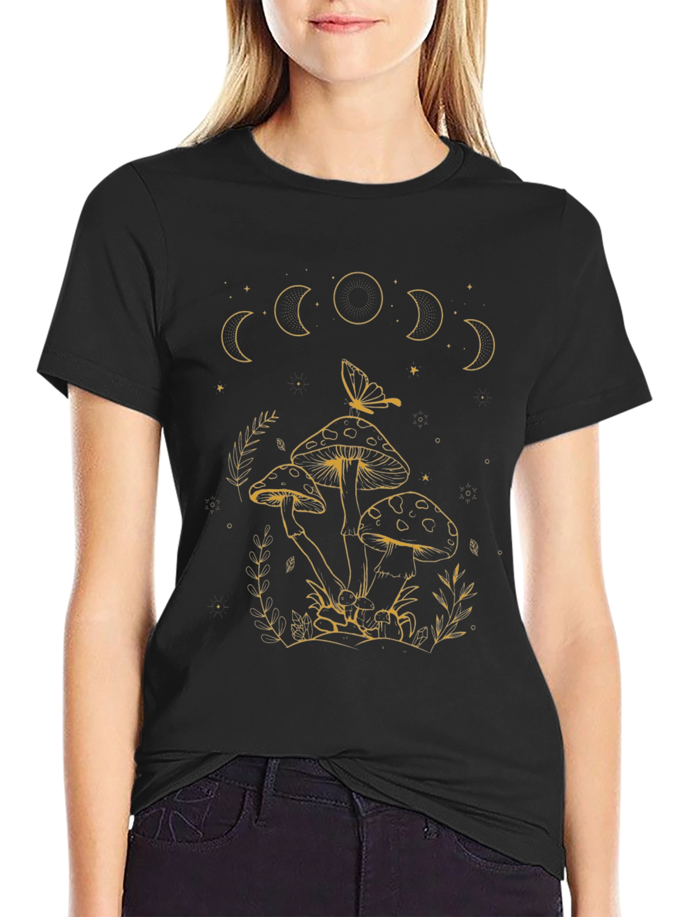 Black Mystic Mushroom Moon Phase Graphic Tee view 2