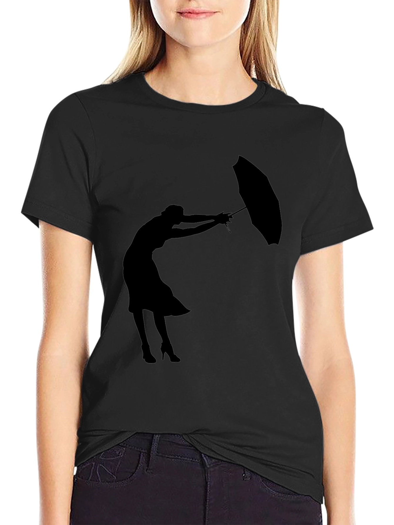 Black Silhouette Umbrella Woman Graphic Tee view 2