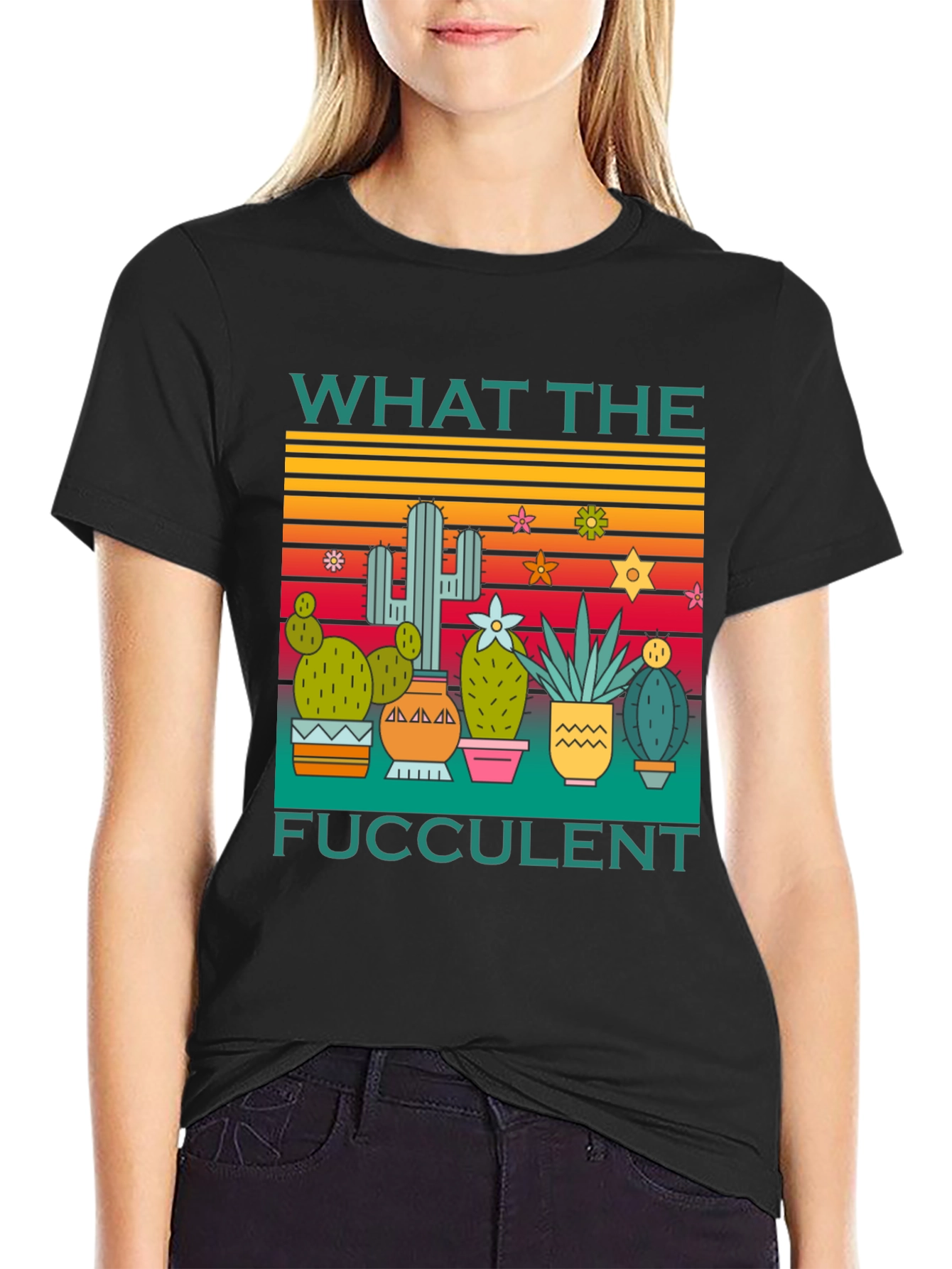 Black What the Fucculent T-Shirt Cactus Graphic Tee view 2