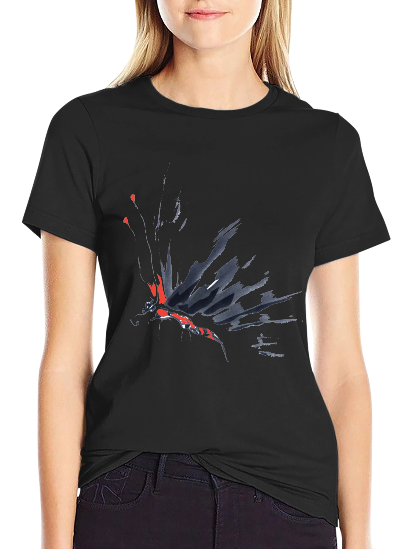 Black Abstract Butterfly Graphic Black T-Shirt view 2