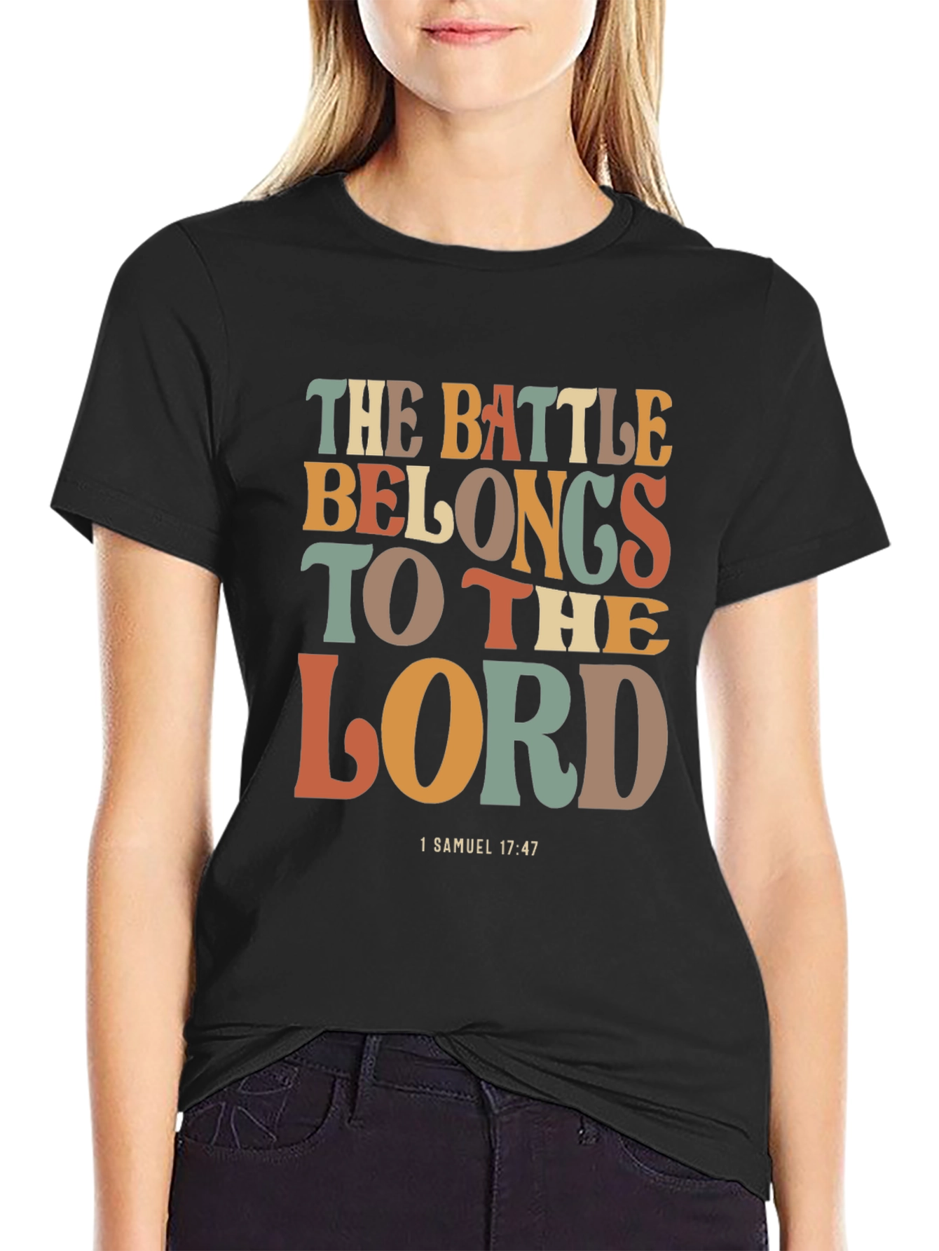 Black The Battle Belongs to the Lord T-Shirt view 2