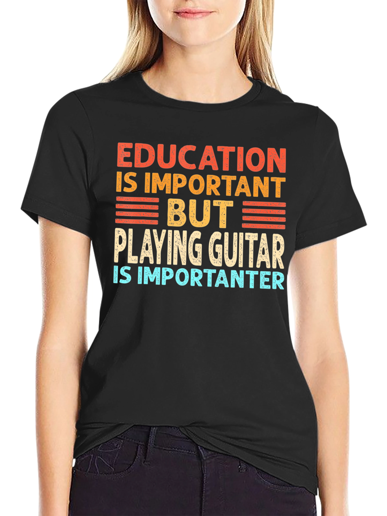 Black Funny Guitar Player T-Shirt Education is Important view 2