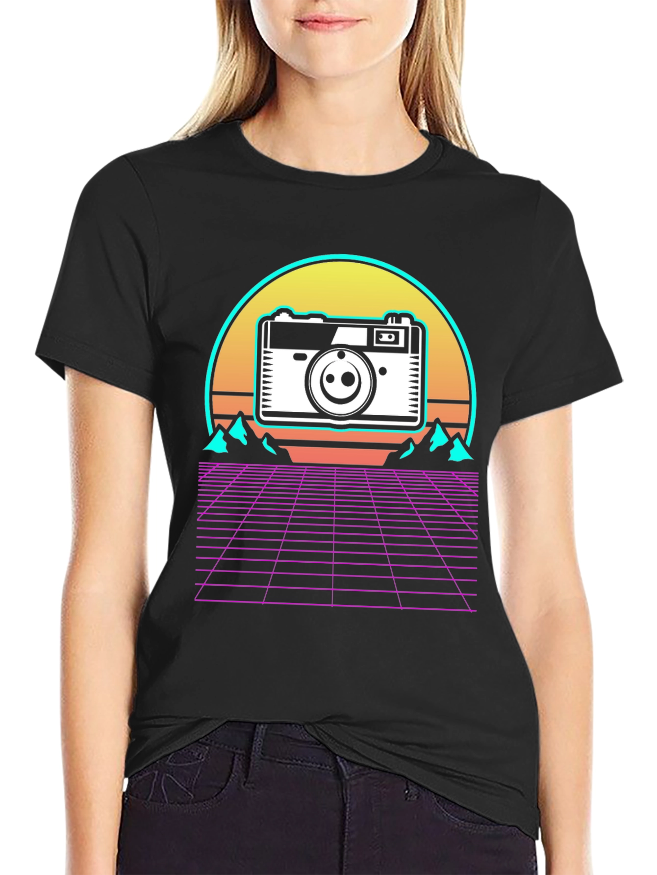 Black Retro Camera Grid T-Shirt view 2