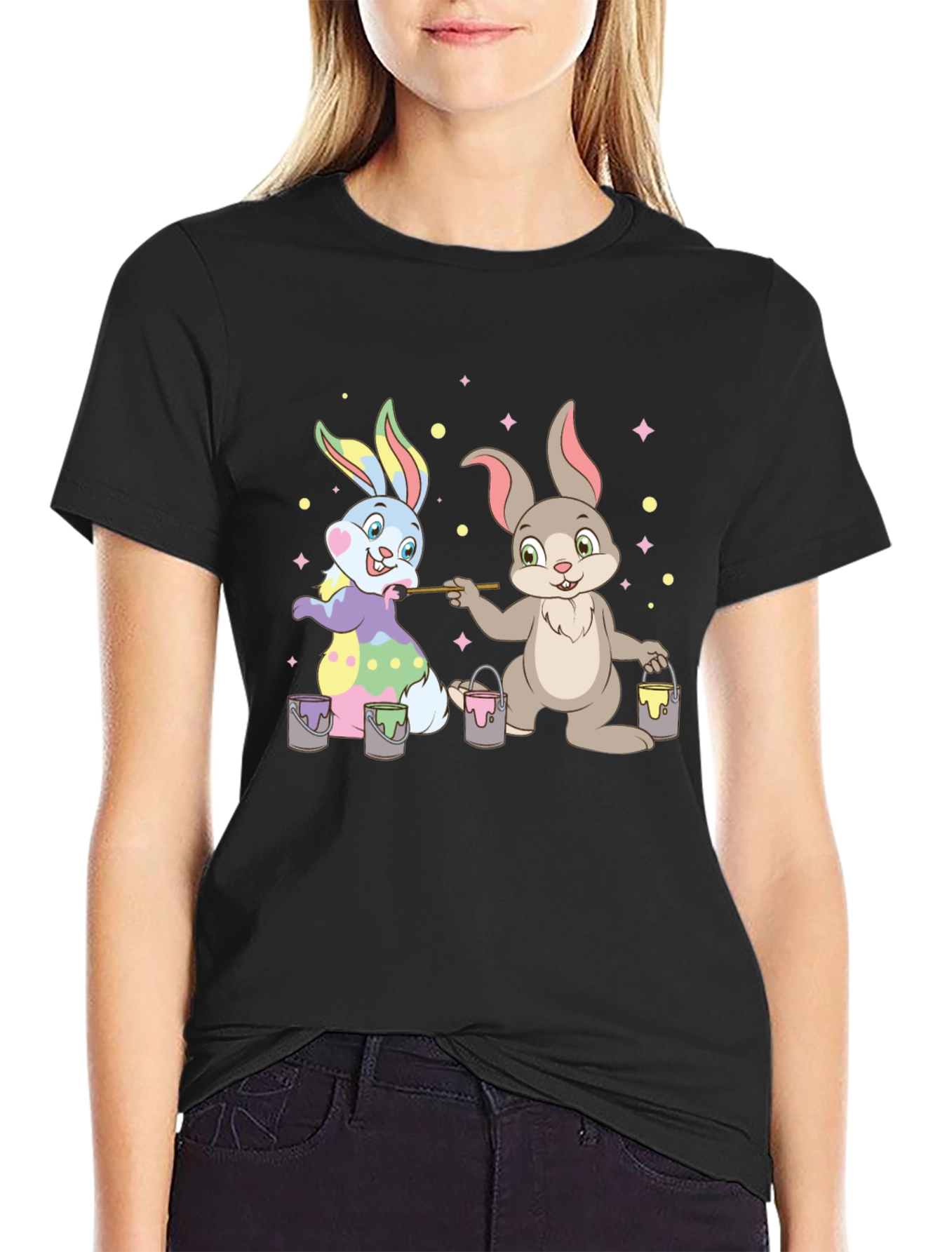 Black Easter Bunnies Painting T-Shirt - Fun Holiday Tee view 2