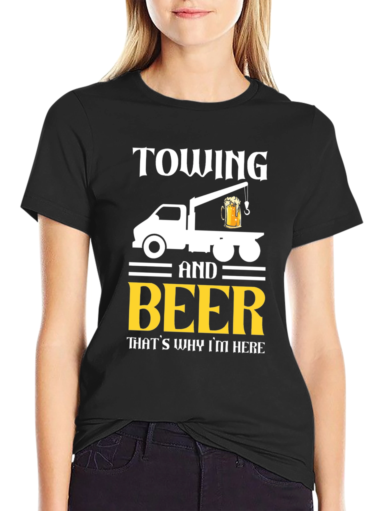 Black Towing & Beer T-Shirt - Funny Tow Truck Driver Tee view 2