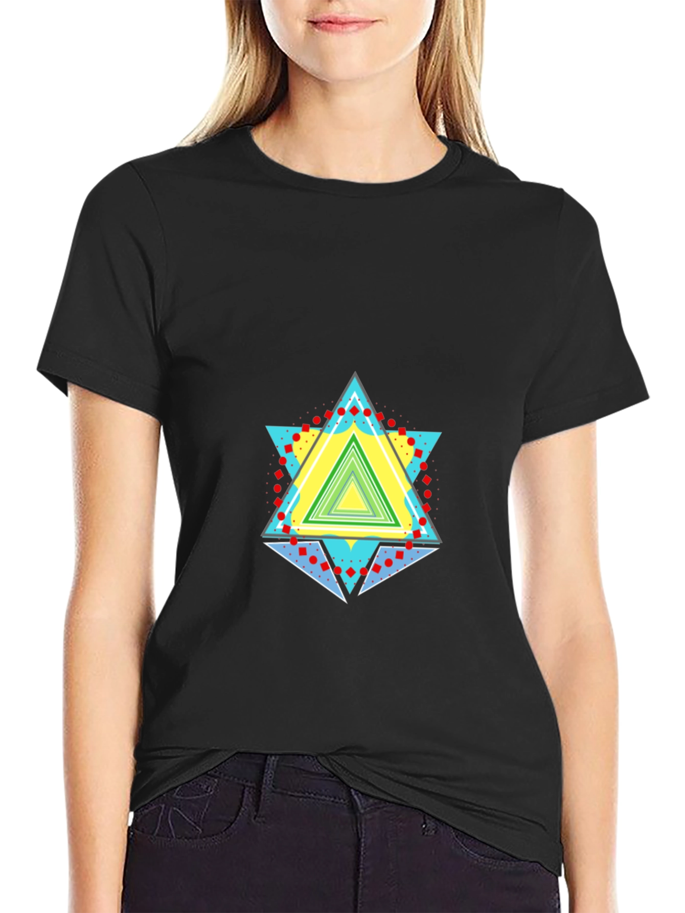 Black Geometric Triangle Graphic Black T-Shirt view 2