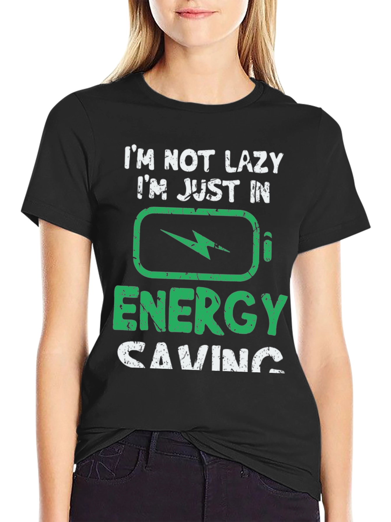 Black Funny "Energy Saving" Graphic T-Shirt view 2