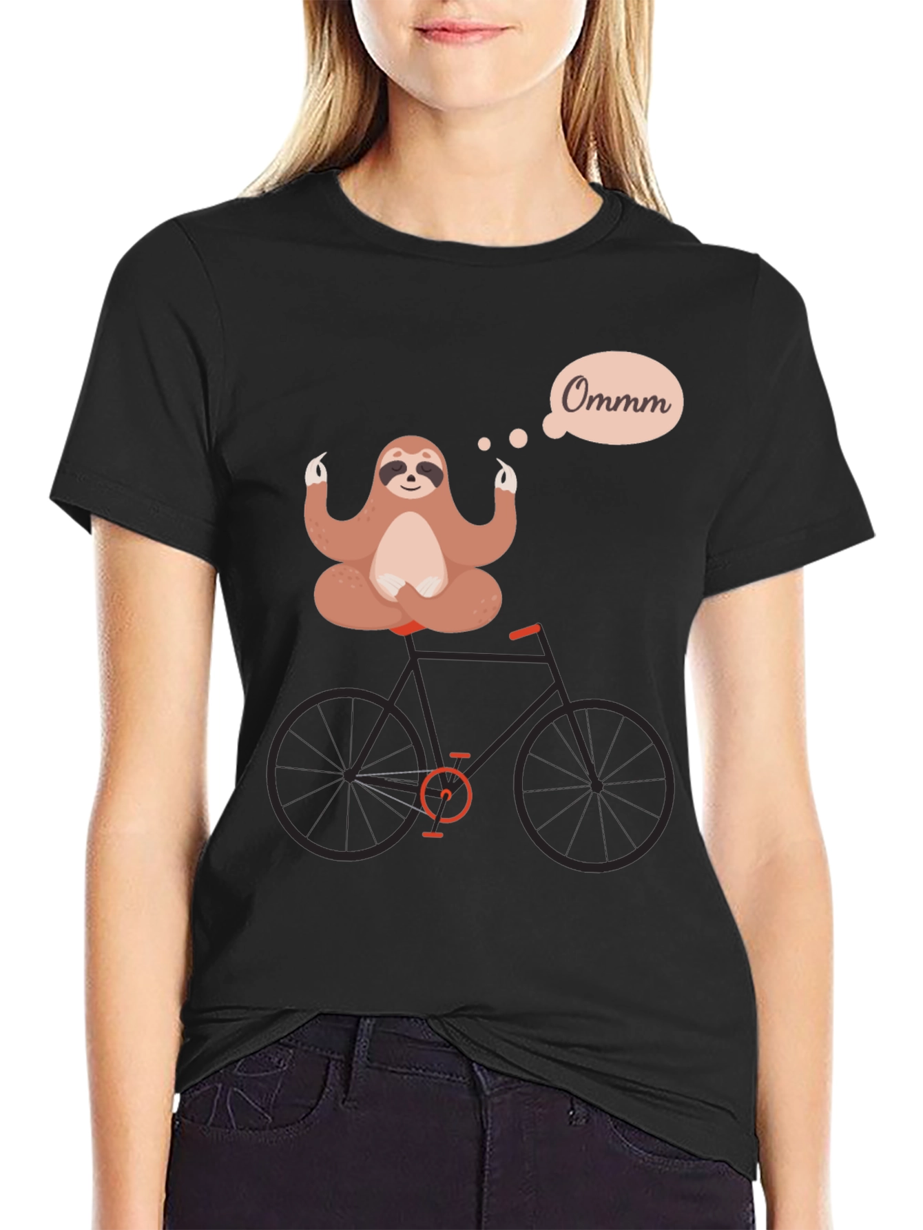 Black Yoga Sloth on Bike Graphic Tee - Relaxed & Funny view 2