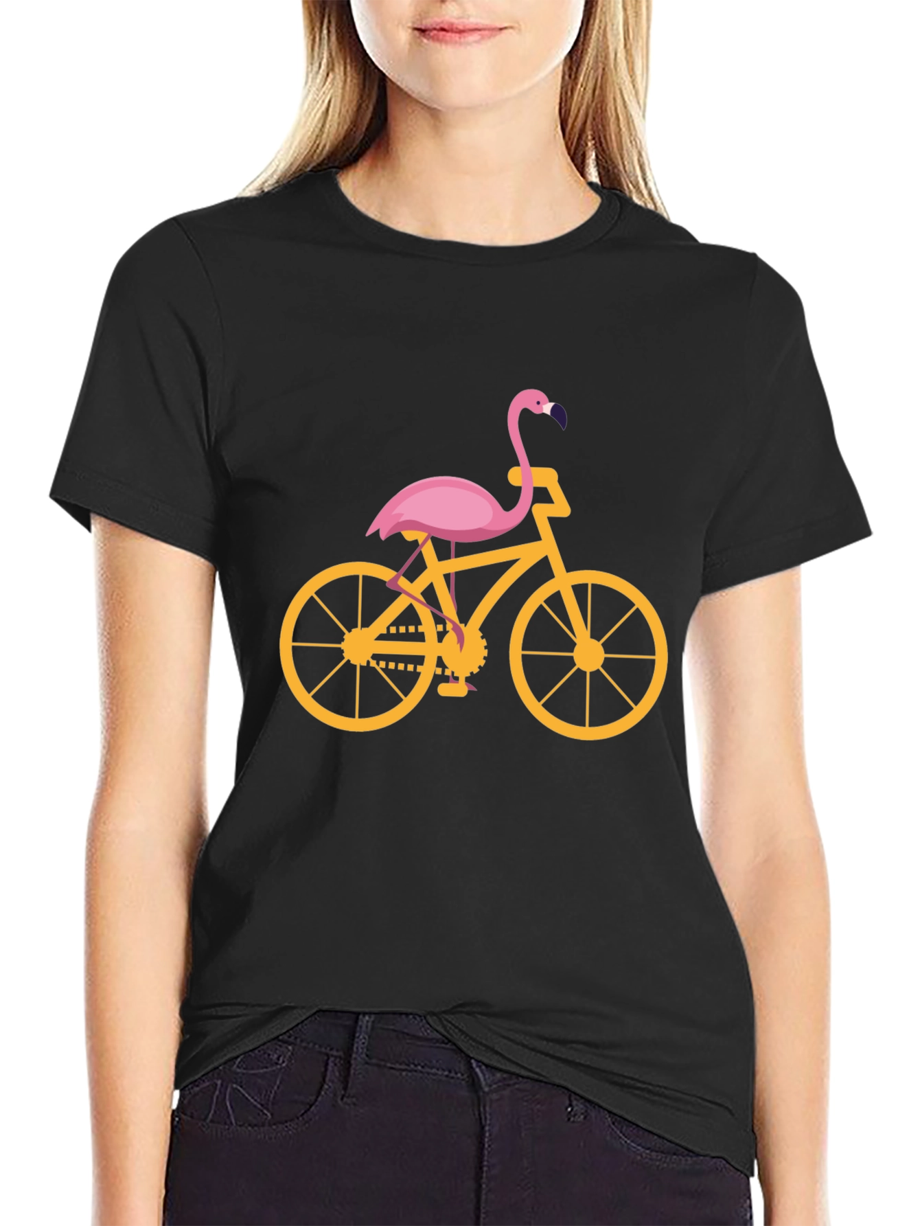 Black Flamingo Bicycle Graphic Tee - Black Cotton T-Shirt view 2