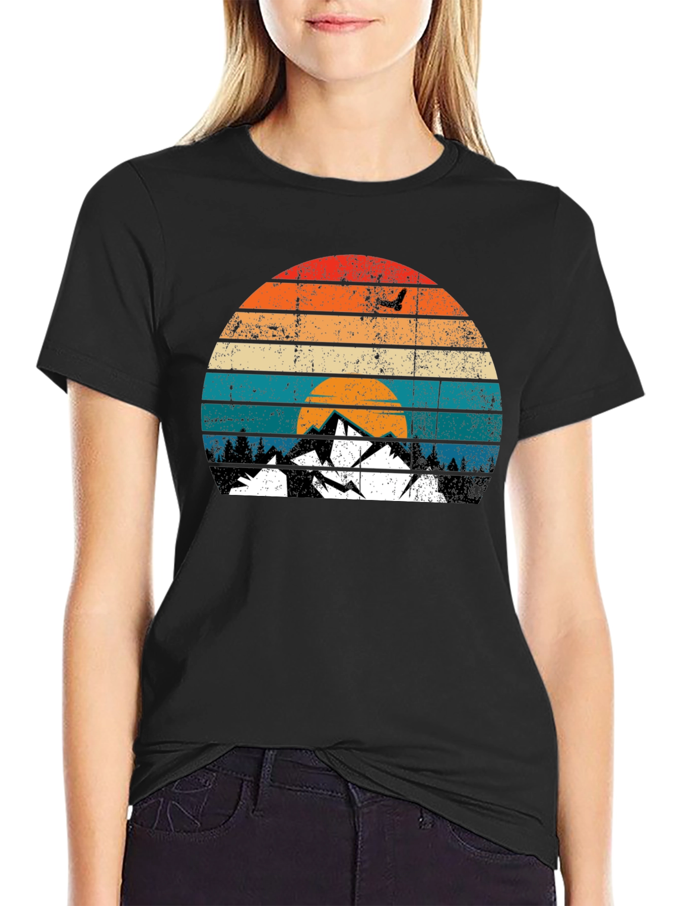 Black Retro Mountain Sunset Graphic T-Shirt view 2