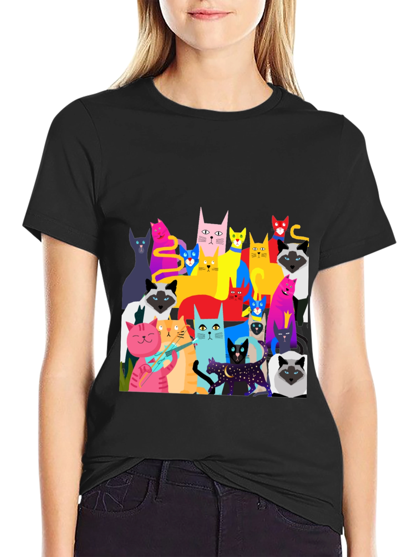 Black Colorful Cat Graphic Tee - Unique Fun Design view 2