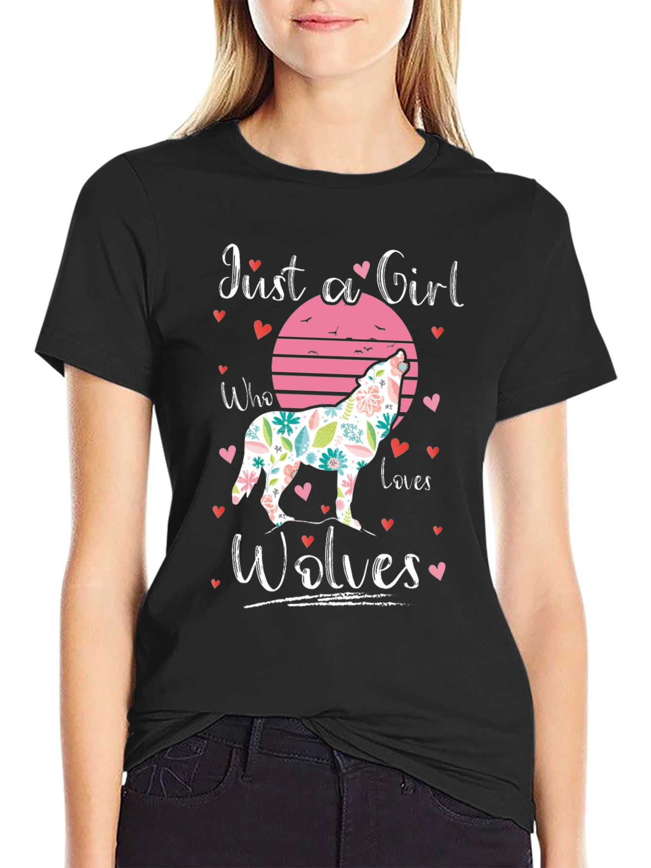 Black Just a Girl Who Loves Wolves T-Shirt view 2