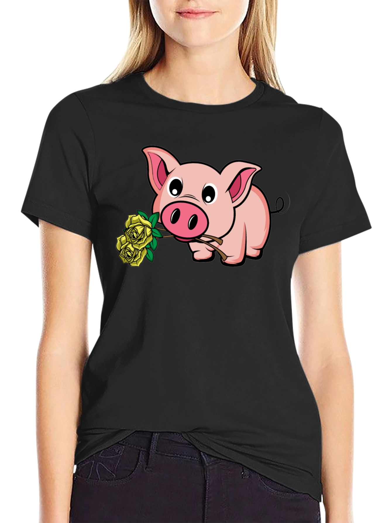 Black Pig Holding Yellow Roses Graphic T-Shirt view 2