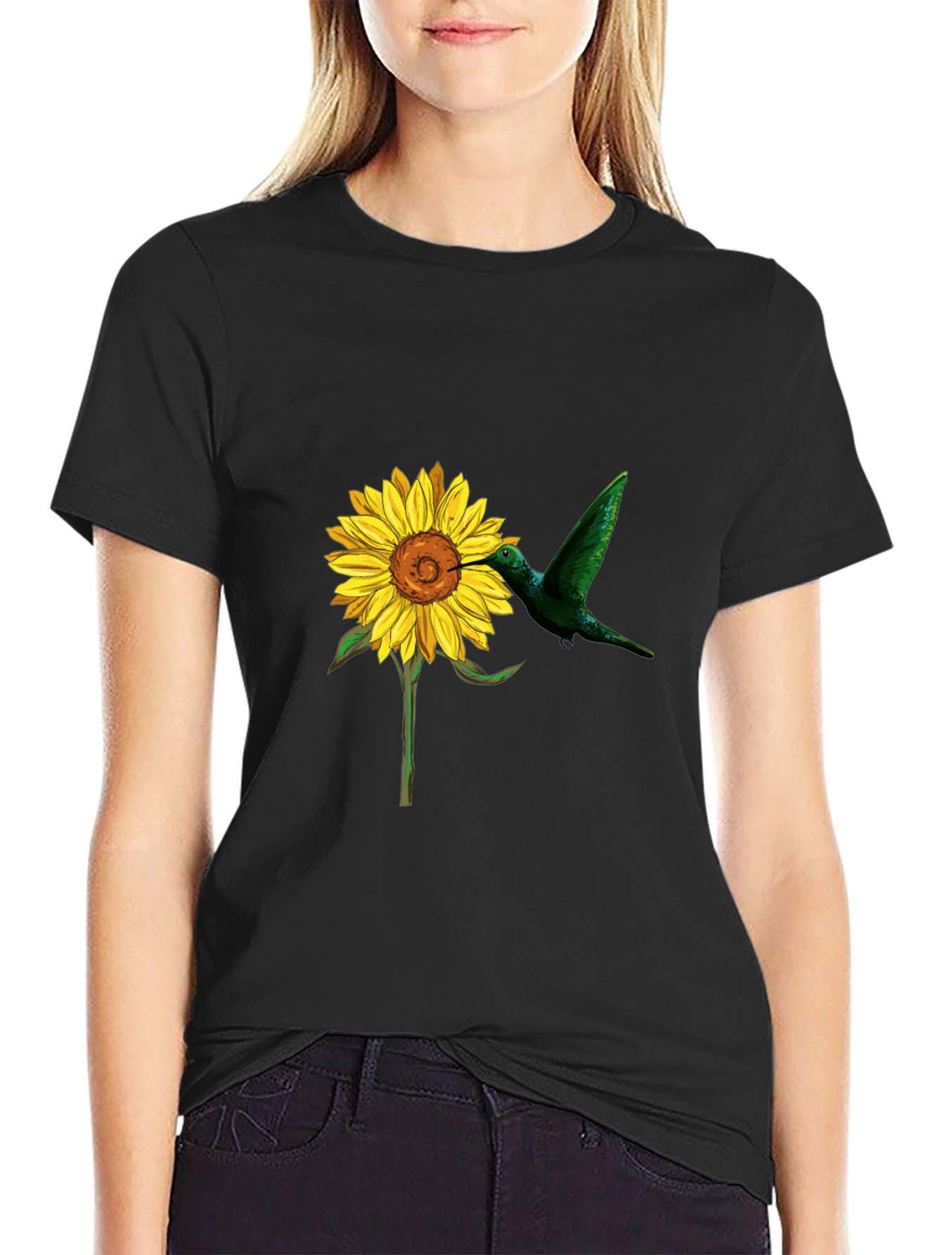Black Hummingbird & Sunflower Graphic Black T-Shirt view 2