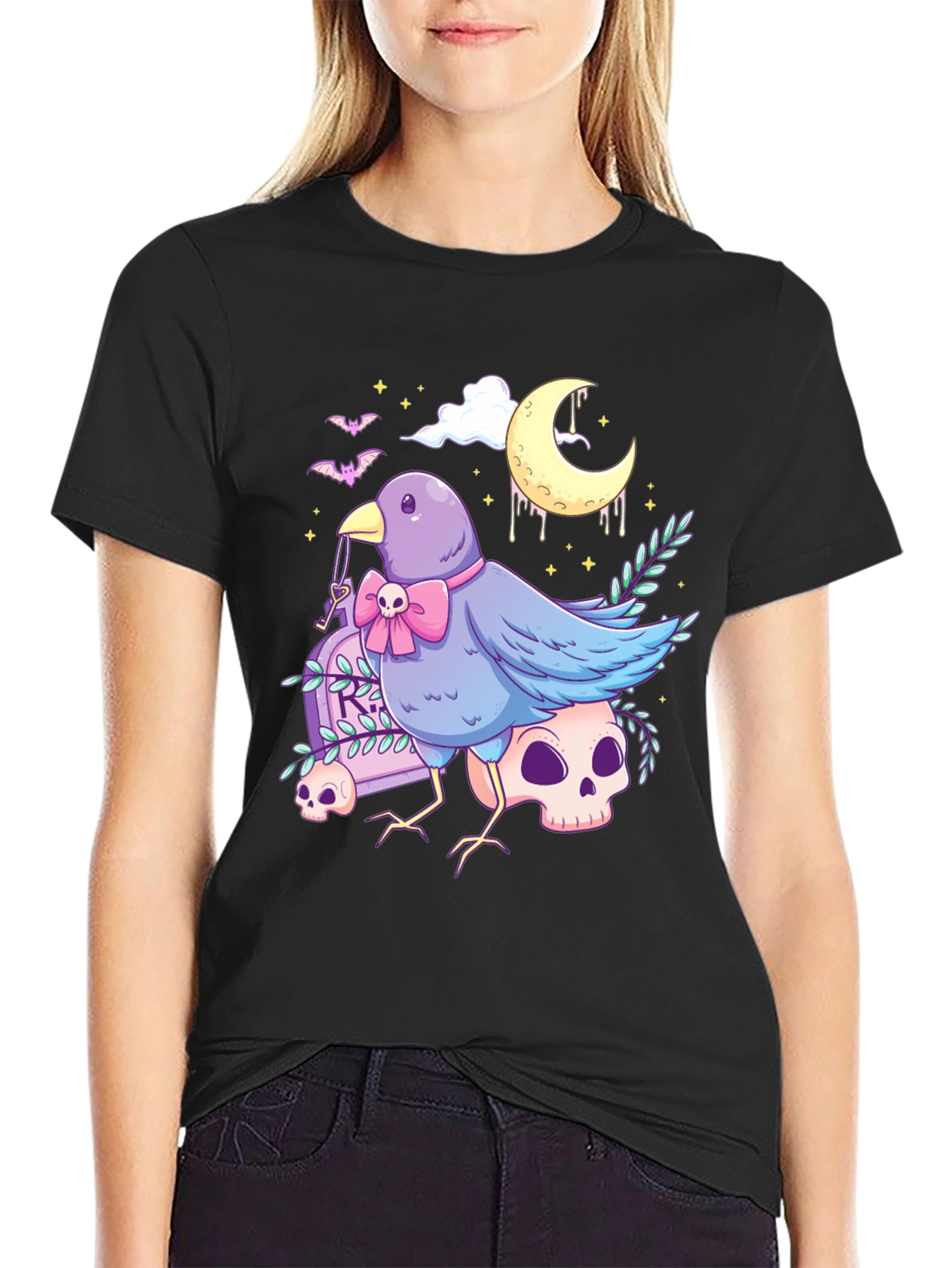 Black Gothic Bird Graphic Tee - Skull & Moon Design view 2