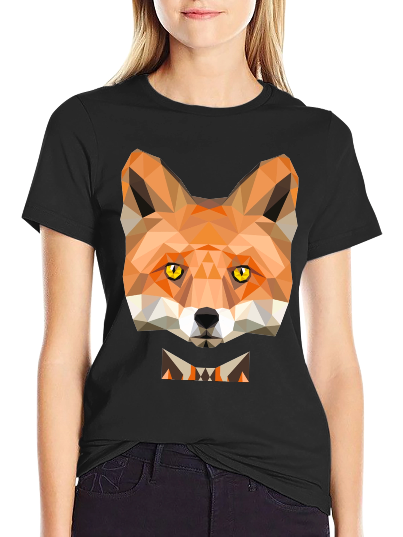Black Geometric Fox Graphic Tee - Modern Animal Print T-Shirt view 2