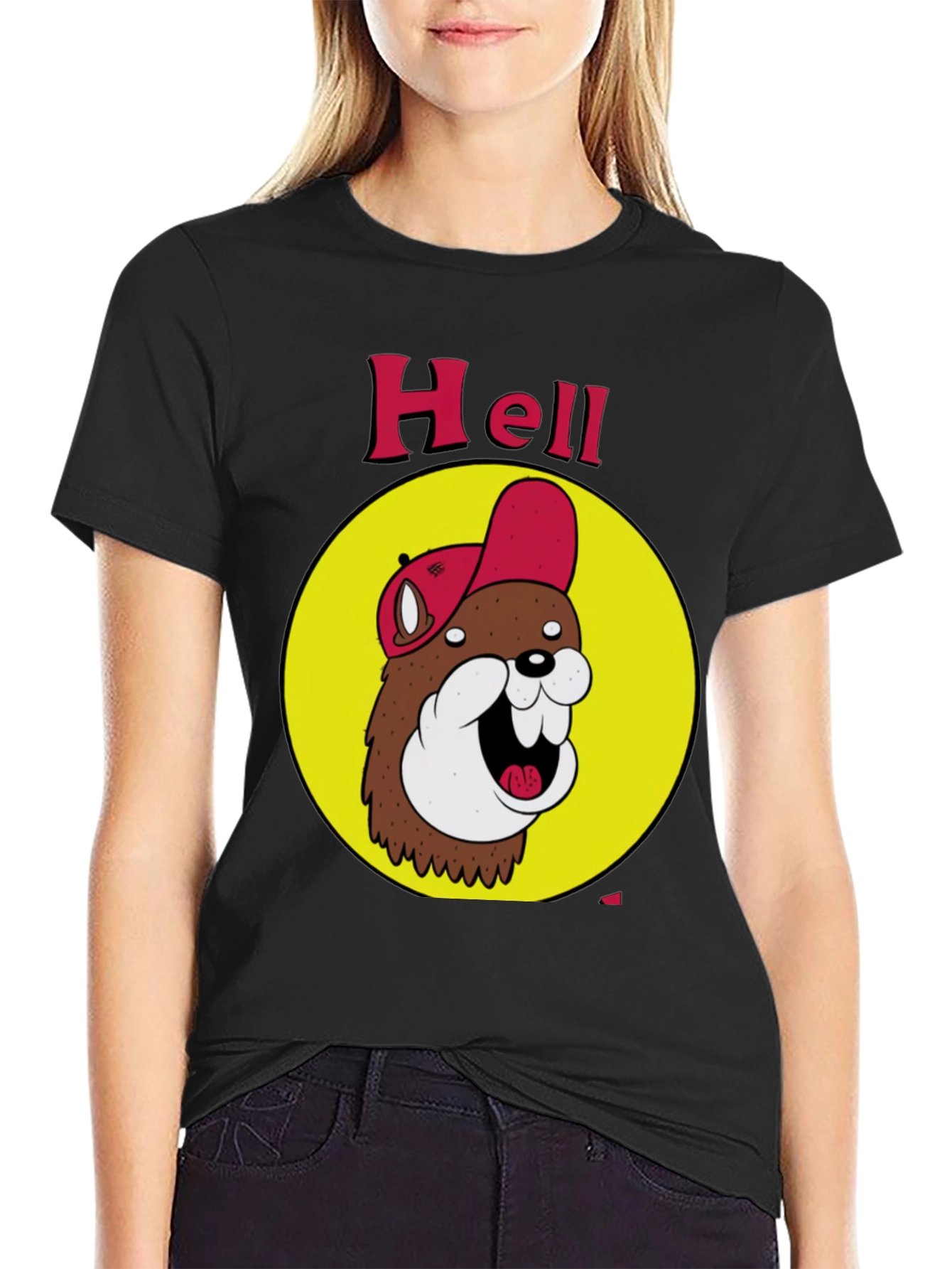Black Funny Hell Beaver Cartoon Black T-Shirt view 2
