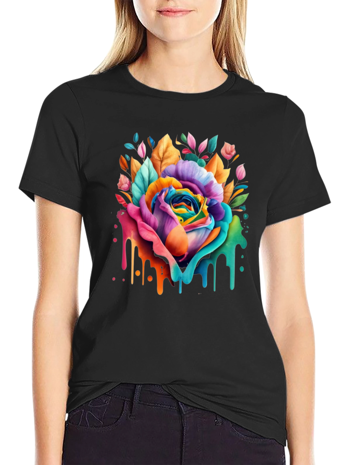 Black Rainbow Rose Drip Graphic Tee - Vivid Colors view 2