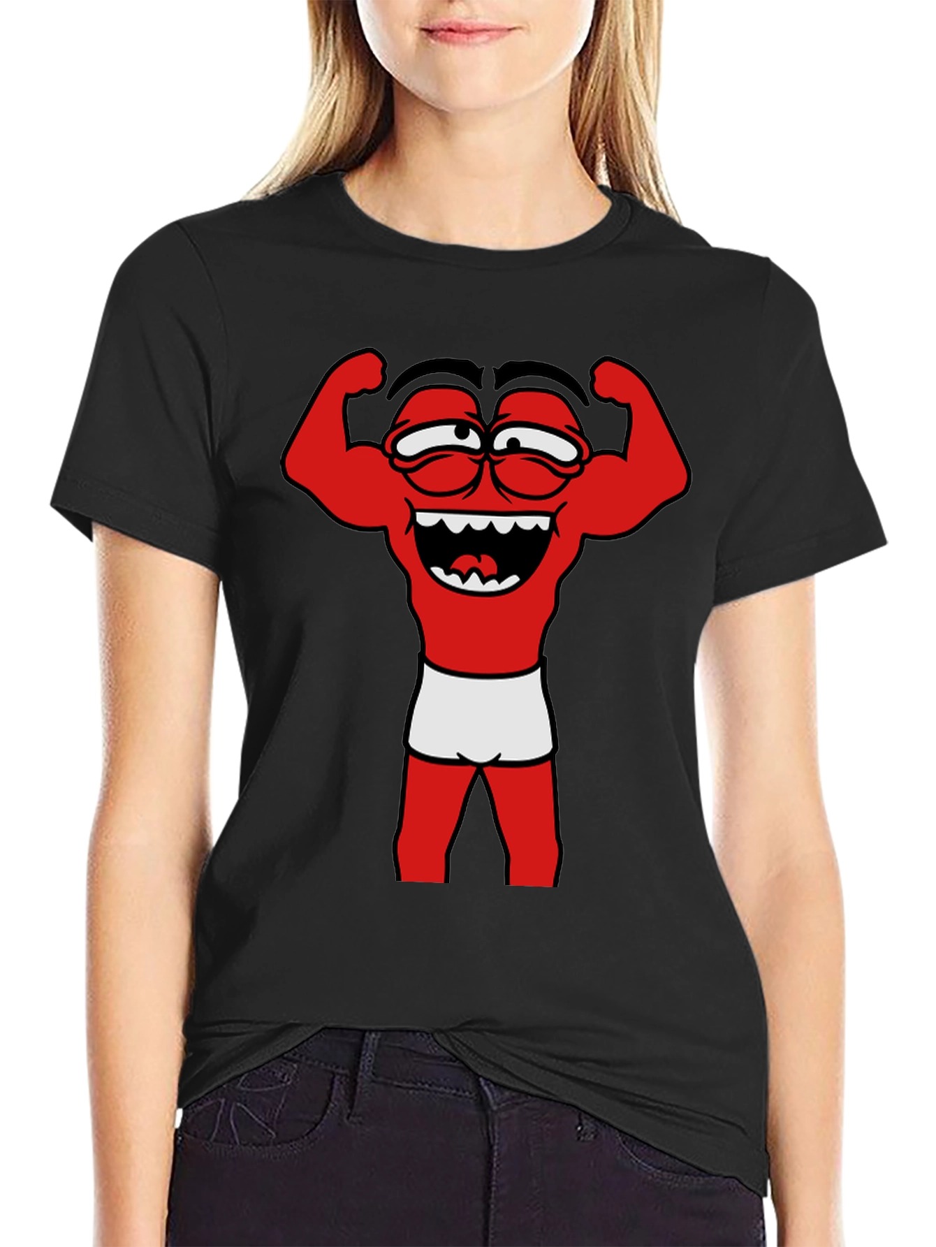 Black Funny Muscle Man Cartoon Graphic Tee - Black view 2
