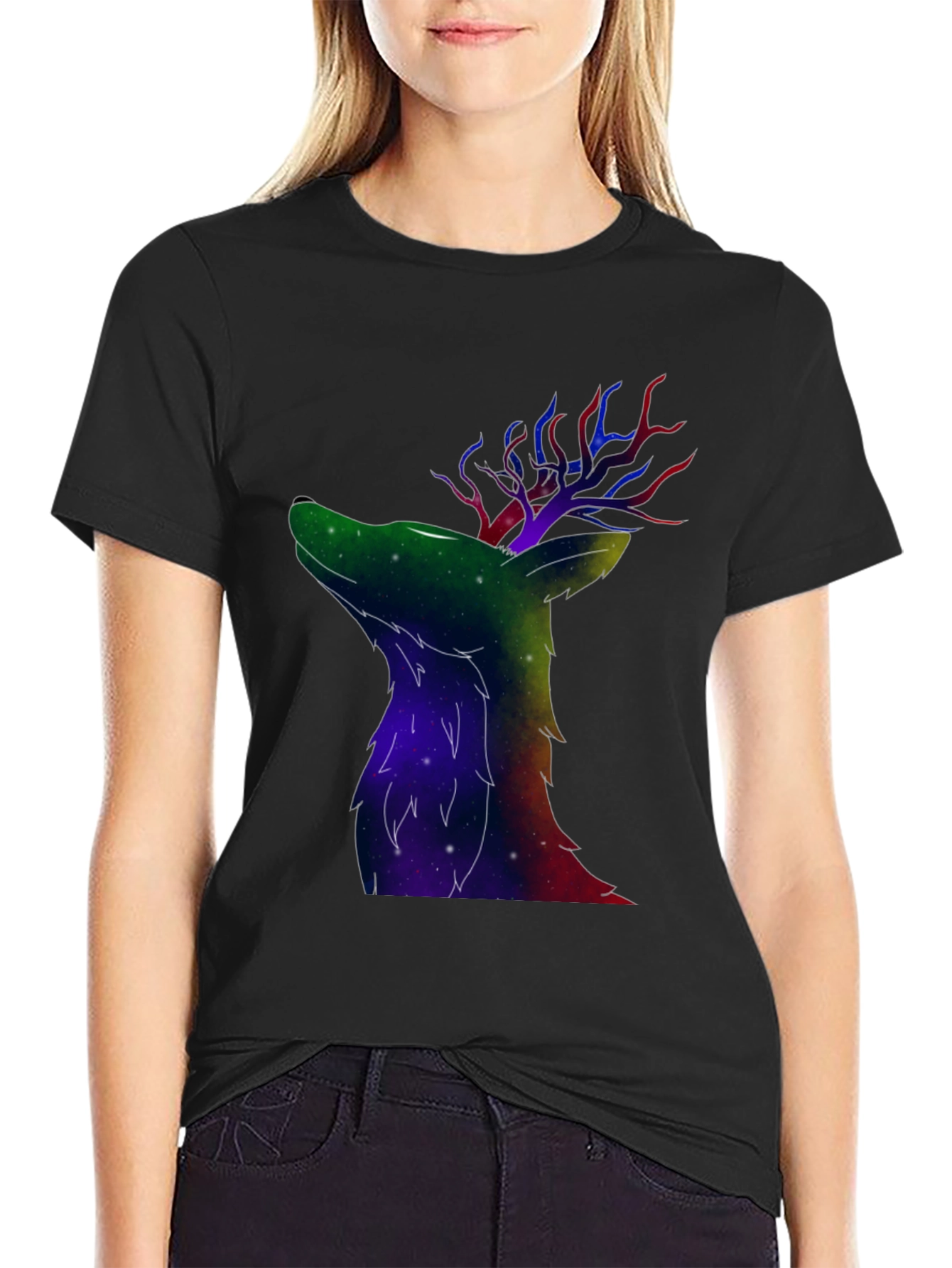 Black Galaxy Deer Graphic T-Shirt view 2