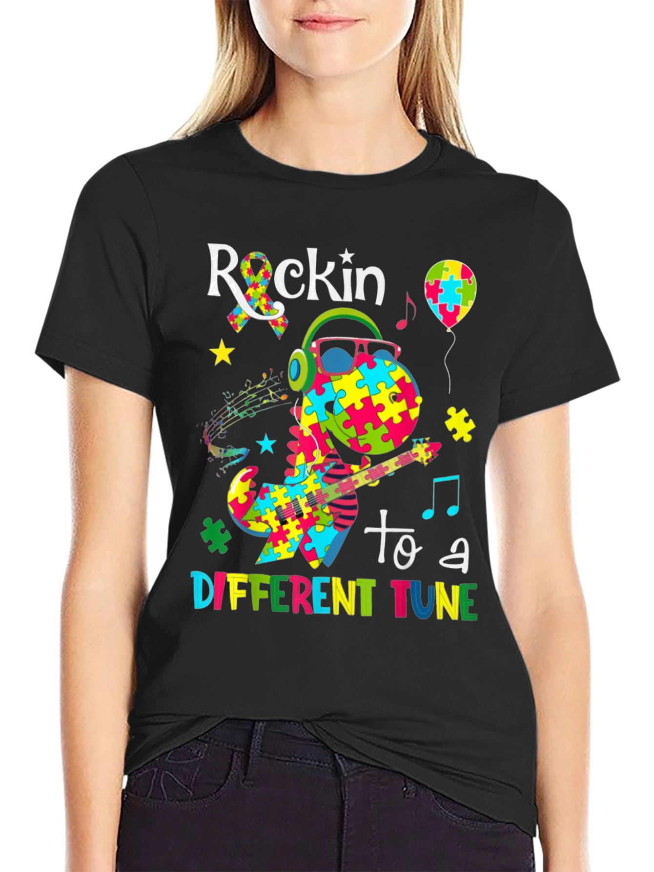 Black Rockin' to a Different Tune Autism Awareness T-Shirt view 2