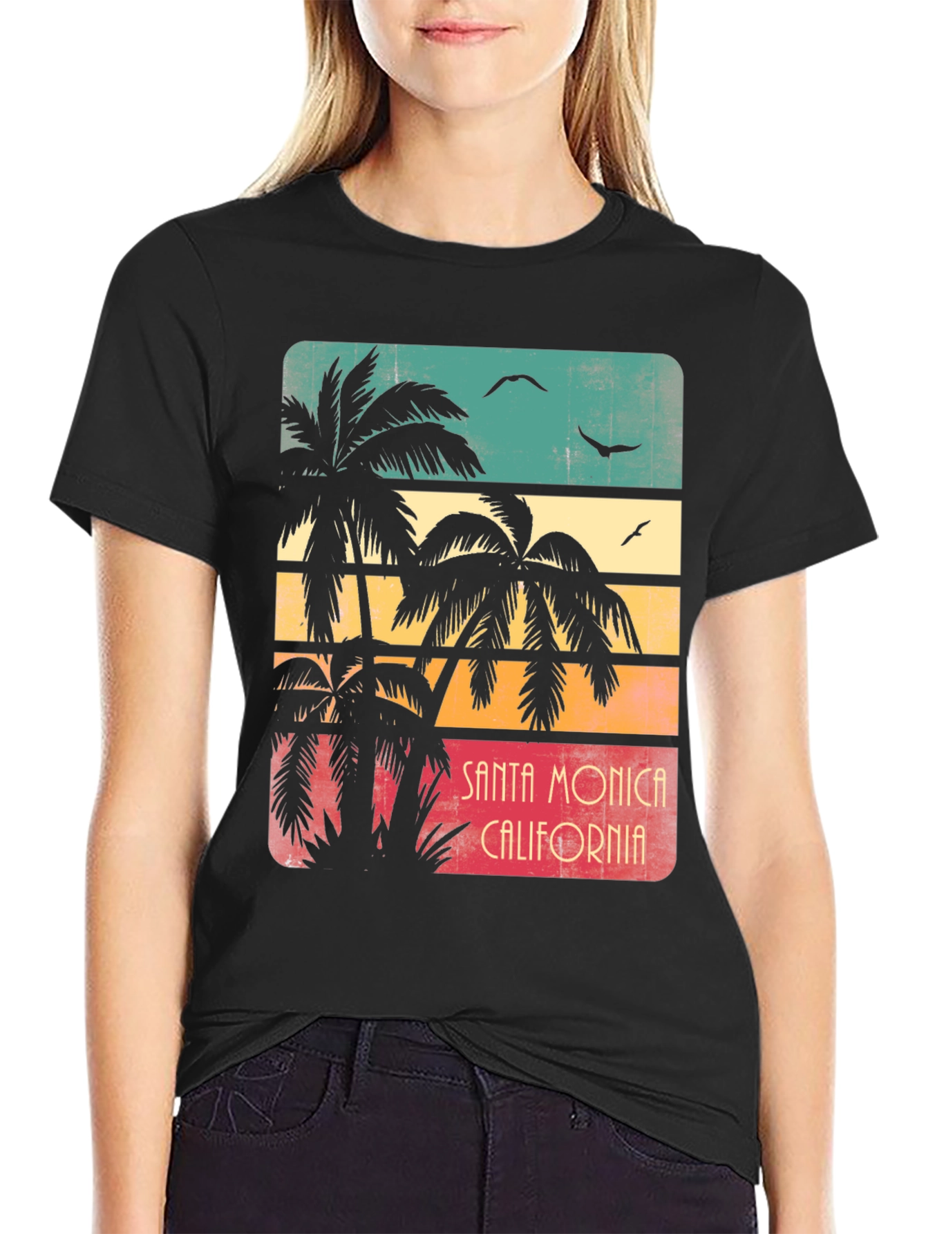 Black Santa Monica Palm Tree Retro Graphic T-Shirt view 2