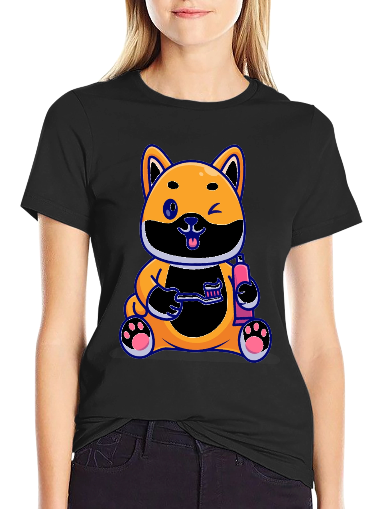 Black Cute Dog with Toothbrush Graphic Black T-Shirt view 2