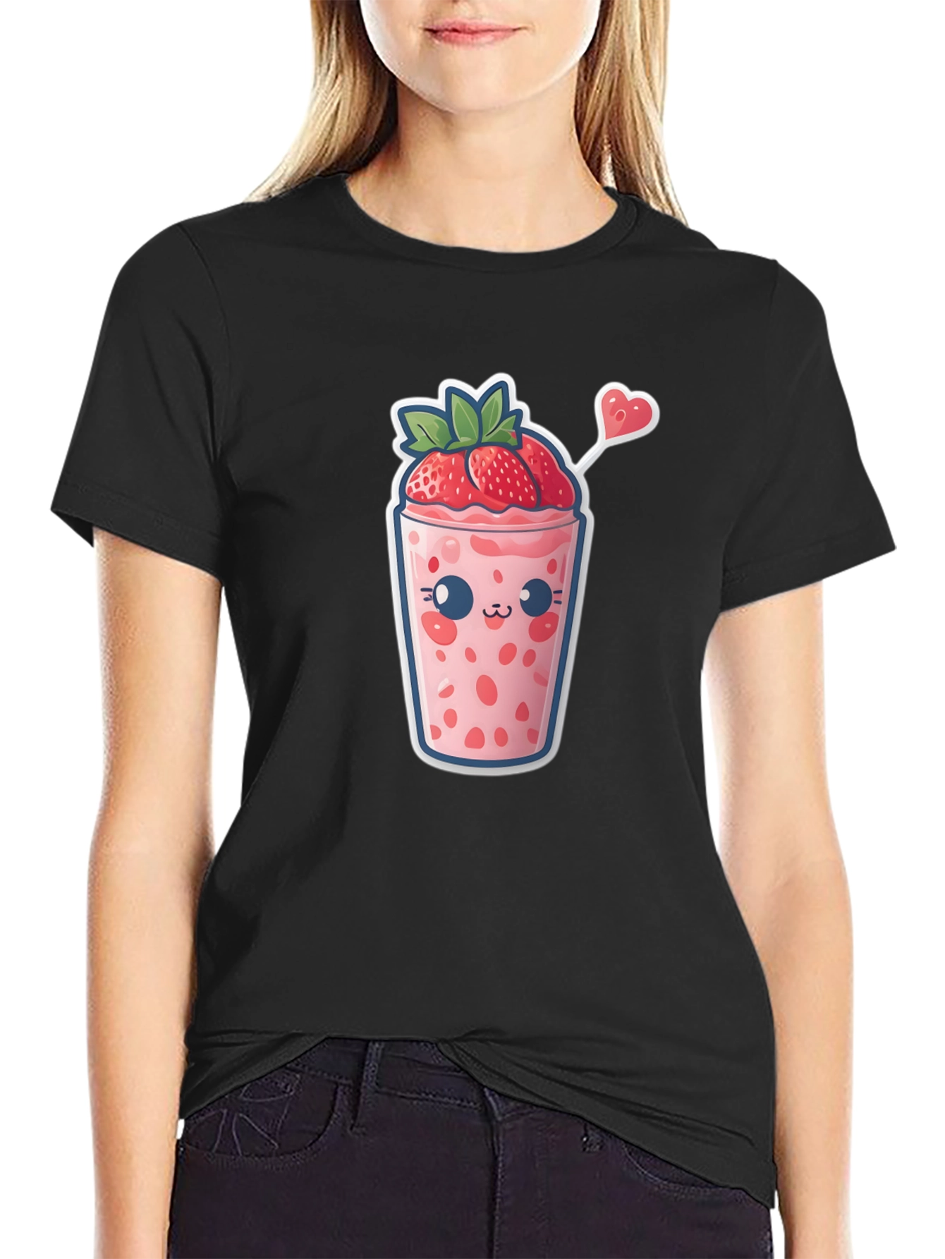 Black Kawaii Strawberry Smoothie T-Shirt view 2