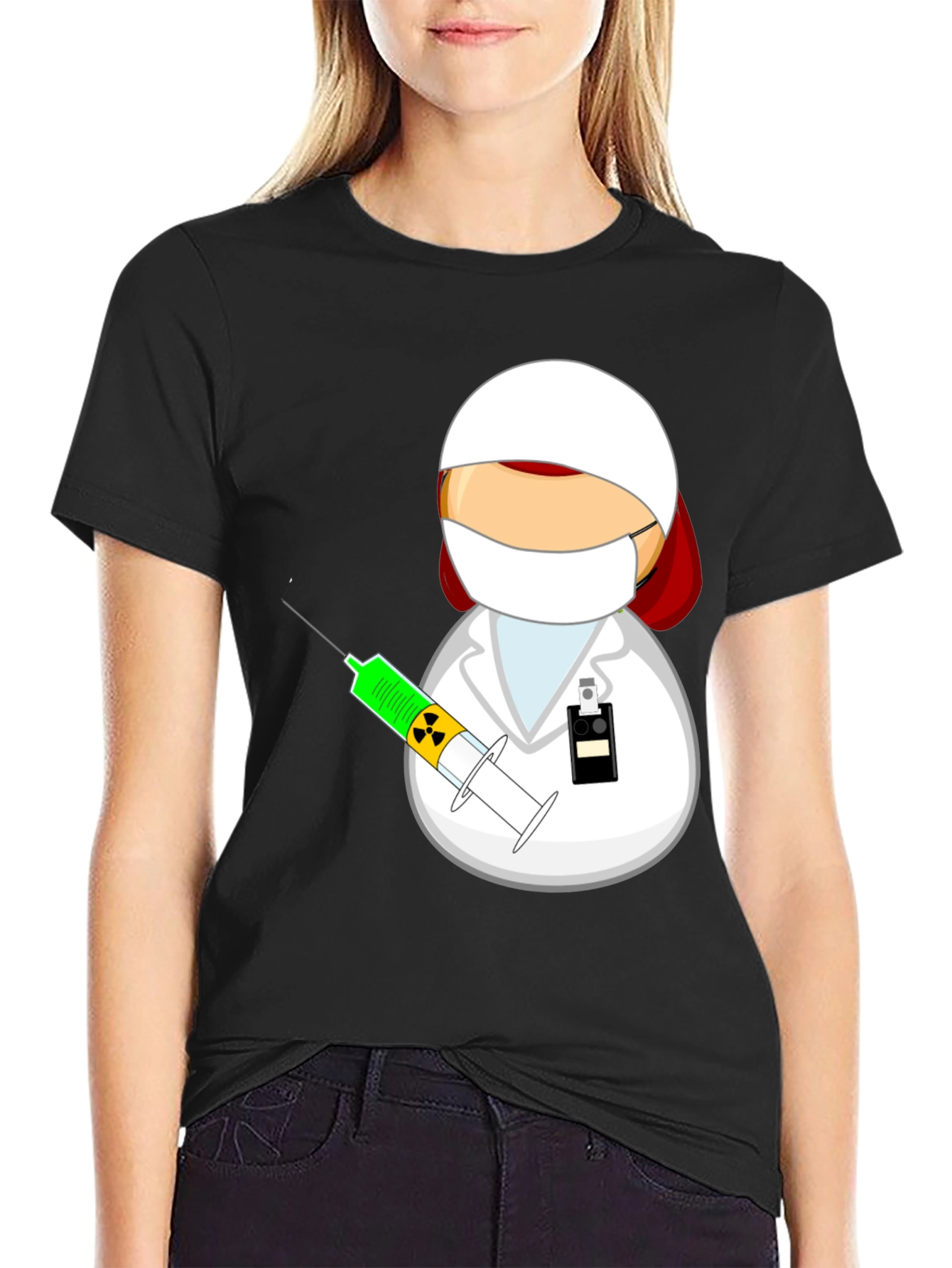 Black Cartoon Doctor with Syringe Black T-Shirt view 2