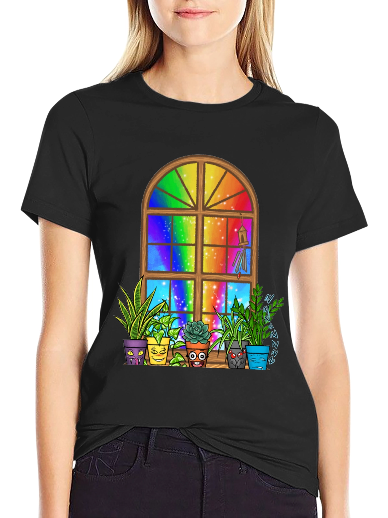 Black Rainbow Window Potted Plants Graphic Tee view 2