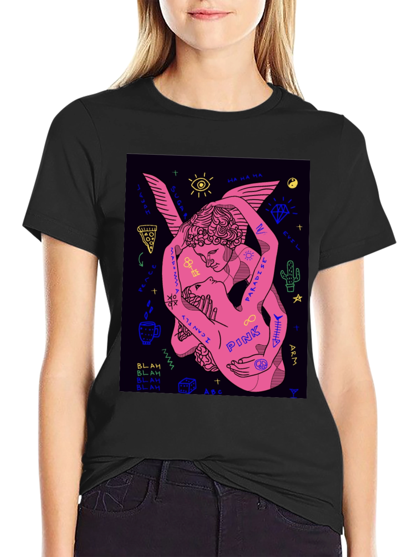 Black Black Tee with Pink Angel Graphic view 2