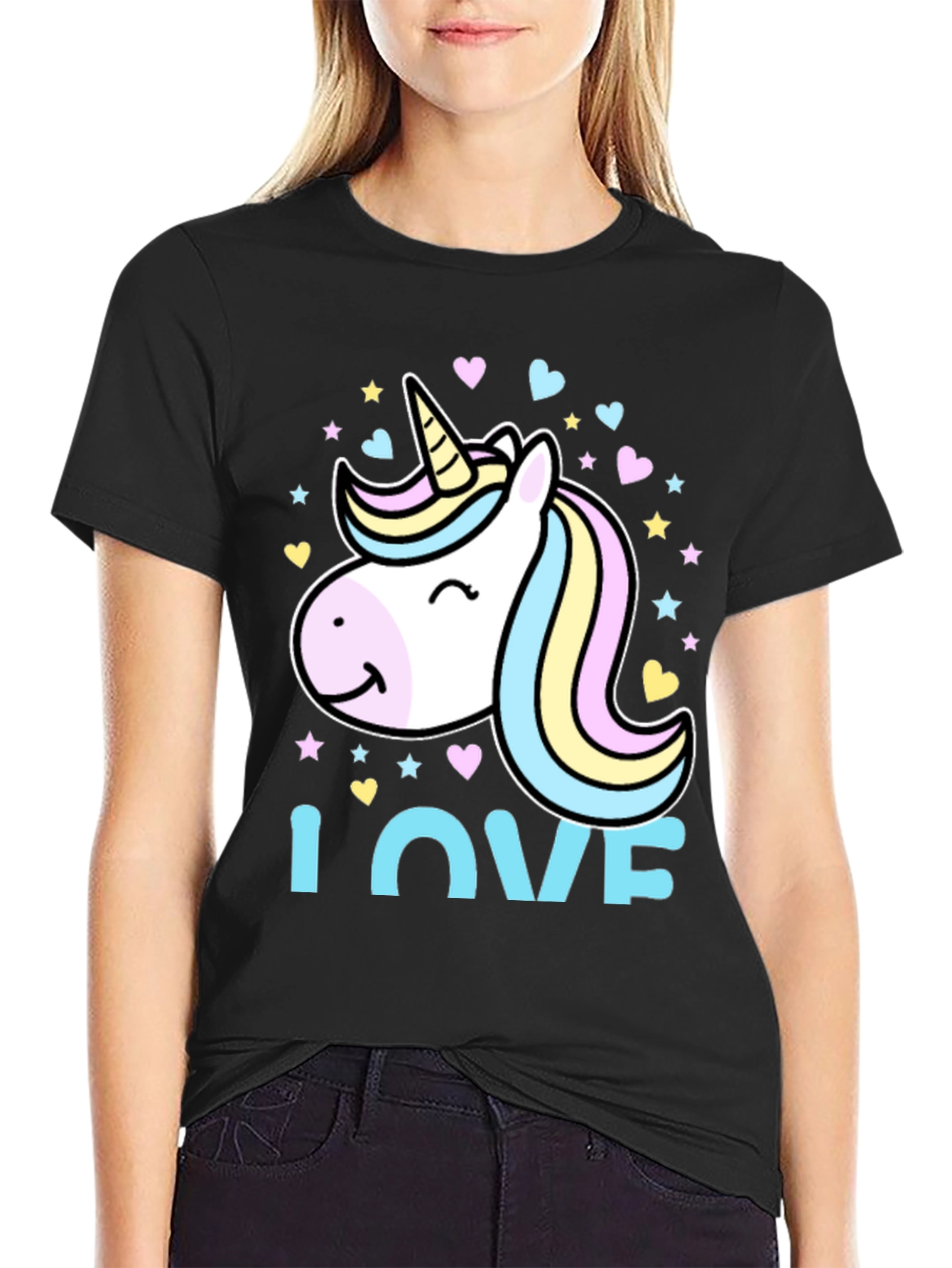 Black Unicorn Love Graphic Tee - Black Cotton Blend T-Shirt view 2