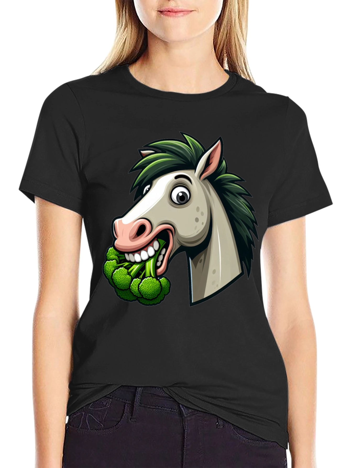 Black Funny Horse Broccoli Graphic Tee view 2