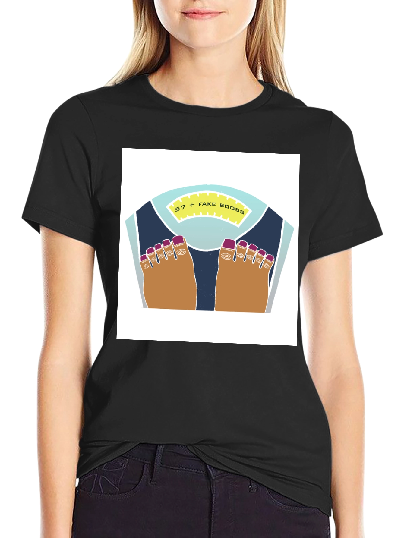 Black Funny Weight Scale Tee - 57 + Fake Boobs Humor T-Shirt view 2