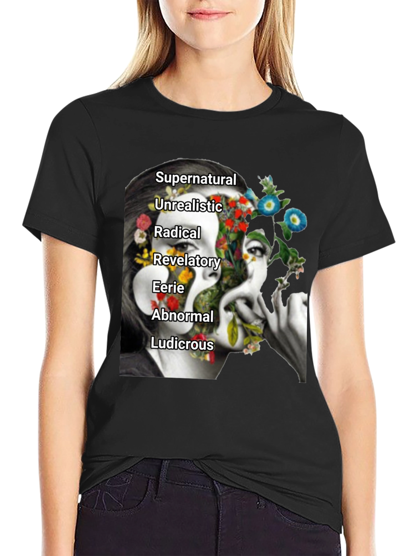 Black Surreal Floral Woman's Face Graphic Tee view 2